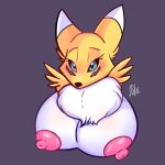  1:1 2020 areola big_breasts blue_eyes breasts canid digimon digimon_(species) female fur hi_res huge_breasts looking_at_viewer mammal nic-m-lyc nipples nude renamon solo white_body white_fur yellow_body yellow_fur 