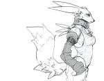  2020 anthro armwear black_and_white black_sclera breasts bridal_gauntlets canid canine choker clothed clothing digimon digimon_(species) digital_media_(artwork) female fur hands_in_pocket jewelry looking_at_viewer mammal monochrome necklace renamon simple_background sketch solo tuft tzarvolver white_background 