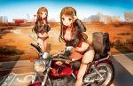  2girls anmi blush breasts brown_hair cropped desert long_hair motorcycle original red_eyes scan twins 