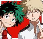  2boys bakugou_katsuki blonde_hair blush boku_no_hero_academia eyebrows_behind_hair freckles green_eyes green_hair komiya_harumoto looking_at_viewer male_focus messy_hair middle_finger midoriya_izuku multiple_boys orange_eyes red_background red_neckwear school_uniform scowl short_hair smile spiked_hair sweatdrop u.a._school_uniform upper_body v-shaped_eyebrows waving 