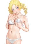  1girl bangs blonde_hair blue_eyes blush bra breasts catherine catherine_(game) choker cleavage drill_hair eyeliner fkey highres long_hair looking_at_viewer makeup navel panties parted_bangs simple_background solo twin_drills underwear underwear_only white_background white_bra white_panties 