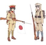  2girls absurdres arisaka backpack bag bayonet black_hair blonde_hair blue_eyes bolt_action full_body gun hat highres holding holding_gun holding_weapon imperial_japanese_army japanese_flag longmei_er_de_tuzi looking_at_viewer military military_hat military_uniform multiple_girls original rifle twintails uniform weapon white_background 
