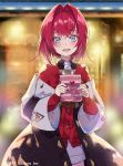  1girl ange_katrina blue_eyes blurry blurry_background blush building commentary_request gift highres holding jacket kinokohime looking_at_viewer nijisanji open_mouth red_hair short_hair snowing solo valentine virtual_youtuber 