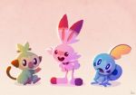  ambiguous_gender amphibian anthro feral fur green_body green_fur grookey group lagomorph mammal nintendo pink_background pok&eacute;mon pok&eacute;mon_(species) primate scorbunny simple_background sobble starter_trio uno_yuuji video_games white_body white_fur 