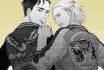  2boys bird blush from_behind greyscale half_updo hand_on_another&#039;s_shoulder highres jacket koizumi_riu looking_back male_focus monochrome multiple_boys otabek_altin smile tiger undercut yellow_background yuri!!!_on_ice yuri_plisetsky 