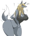  anthro big_breasts blush bodily_fluids breasts canid canine cleavage clothed clothing dipstick_tail female hand_on_breast hi_res inumatori mammal multicolored_tail panties sweat thick_thighs underwear 