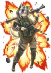  1girl ak-12 animal_ears assault_rifle black_hair blue_eyes chinese_commentary commentary_request copyright_request dog_ears english_commentary explosion foregrip full_body gun heterochromia highres holding holding_gun holding_weapon husky jpc knee_pads load_bearing_vest military multicolored_hair rifle rocket_launcher rpg rpg-7 solo tail trigger_discipline two-tone_hair weapon white_background white_hair 