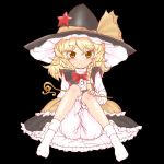  1girl black_background blonde_hair bloomers blush bow bowtie braid eyebrows_visible_through_hair hand_on_own_knee hat highres kirisame_marisa looking_at_viewer serin simple_background skirt smile socks staff star touhou underwear witch_hat yellow_eyes 