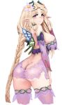  1girl ass barbariank bare_shoulders blonde_hair blush braid breasts butterfly_wings commentary detached_sleeves dimples_of_venus english_commentary eyebrows_visible_through_hair eyes_visible_through_hair flower from_behind hair_flower hair_ornament hand_on_own_thigh hand_up large_breasts long_hair looking_at_viewer looking_back mini_wings monster_girl_encyclopedia nose_blush pointy_ears purple_eyes simple_background smile solo thighhighs titania_(monster_girl_encyclopedia) very_long_hair white_background wings 