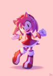  accessory amy_rose anthro boots bracelet clothing dress eulipotyphlan female fist footwear fur gloves green_eyes handwear headband hedgehog hi_res jewelry mammal on_one_leg open_mouth open_smile pink_background pink_body pink_fur simple_background smile solo sonic_the_hedgehog_(series) standing uno_yuuji 