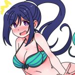  1girl ass bangs bare_arms bare_shoulders bikini bikini_bottom bikini_bottom_removed blush bottomless breasts cleavage collarbone dark_blue_hair embarrassed eyebrows_visible_through_hair front-tie_top hair_between_eyes kumaneko_(kumaneko1138) large_breasts long_hair long_ponytail looking_back love_live! love_live!_sunshine!! matsuura_kanan midriff navel nose_blush open_mouth purple_eyes solo stomach striped striped_bikini sweat swimsuit white_background 