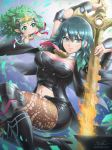  2girls arm_guards black_shorts boots breasts burnt_green_tea byleth_(fire_emblem) byleth_(fire_emblem)_(female) cleavage fire_emblem fire_emblem_heroes flaming_sword green_eyes highres knee_boots knee_guards legwear_under_shorts looking_at_viewer midriff multiple_girls navel pantyhose pointy_ears short_shorts shorts smile sothis_(fire_emblem) sword sword_of_the_creator weapon 