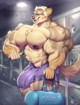  abs anthro bag big_biceps bottomwear bulge canid canine clothed clothing dialogue hi_res locker_room looking_at_viewer male mammal muscular muscular_male navel partial_nudity shorts solo sxfpantera topless 