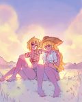  2girls ;) alternate_costume bare_legs barefoot blonde_hair blue_eyes breasts cleavage cloud commentary cutoffs denim denim_shorts english_commentary grass grin hand_on_another&#039;s_shoulder hat highres katawa_shoujo large_breasts long_hair looking_at_viewer midriff mountainous_horizon mouth_hold multiple_girls one_eye_closed outdoors plaid plaid_shirt red_eyes rtil satou_akira satou_lilly shirt short_hair short_shorts shorts sitting sleeves_rolled_up small_breasts smile straw_hat tied_shirt 