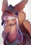  blush brown_body brown_fur clothing female fur hair hi_res lagomorph made_in_abyss mammal nanachi narehate simple_background solo uno_yuuji white_background yellow_eyes 