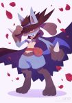  ambiguous_gender anthro bag canid cape clothing flower_petals hat headgear headwear hi_res lucario mammal nintendo petals pok&eacute;mon pok&eacute;mon_(species) rose_petals solo standing uno_yuuji video_games 