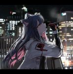  1girl absurdres animal_ears arknights bangs black_hair brown_eyes cigarette city fur_trim gloves highres hood hooded_jacket jacket long_hair night open_mouth pink_hair pn_pixi smoke solo tears texas_(arknights) 