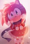  amy_rose anthro boots breath clothing dress eulipotyphlan female footwear fur green_eyes hedgehog hi_res looking_at_viewer mammal pink_body pink_fur scarf smile snow solo sonic_the_hedgehog_(series) uno_yuuji winter_clothing 