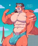  abs anthro bulge clothed clothing dialogue eyewear fish gesture goggles hi_res looking_at_viewer male marine muscular muscular_male navel partial_nudity shark sharp_teeth solo speedo swimwear sxfpantera teeth thumbs_up topless 