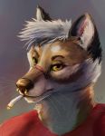  2019 anthro black_nose brown_body brown_fur canid cigarette clothed clothing facial_piercing fur head_tuft inner_ear_fluff kebi mammal nose_piercing piercing shirt smoking solo topwear tuft whiskers white_body white_fur 