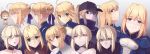  =_= absurdres ahoge animal_costume armor artoria_pendragon_(all) baseball_cap black_choker blonde_hair blue_dress blush boa_(brianoa) braid braided_bun breasts brown_sweater chibi choker cleavage_cutout closed_mouth dark_persona dress expressions eyebrows_visible_through_hair eyes_visible_through_hair fate/grand_order fate/stay_night fate/tiger_colosseum fate_(series) gradient gradient_background green_eyes grey_background grey_headwear hair_ribbon happy hat highres lion_costume long_hair looking_at_viewer multiple_persona mysterious_heroine_x open_mouth parted_lips profile purple_ribbon ribbon saber saber_alter sidelocks small_breasts smile sweater turtleneck wide-eyed yellow_eyes 