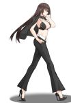  1girl alternate_costume black_bra black_hair black_jacket black_pants bra breasts closed_mouth high_heels jacket kantai_collection large_breasts long_hair nagato_(kantai_collection) navel nello_(luminous_darkness) pants red_eyes simple_background underwear white_background 