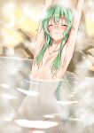  2020 :3 bangs blush collarbone convenient_censorship digital_media_(artwork) elf eyebrow_through_hair eyebrows eyelashes eyes_closed female flat_chested glistening glistening_body glistening_hair glistening_skin goblin_slayer green_hair hair hair_censor hi_res high_elf_archer hot_spring humanoid humanoid_pointy_ears long_hair mammal not_furry nude onsen outside partially_submerged raised_arm rock sidelocks simple_background sitting smile solo steam stretching thigh_gap translucent translucent_hair water wet yuto_(dialique) 