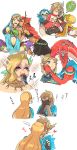  alternate_costume beak blonde_hair blush dark_skin forehead_kiss gerudo_link great_fairy_cotera harem haru_(d-s-c) head_fins heart highres kiss link mipha ponytail princess_zelda riju rito sitting sitting_on_lap sitting_on_person surprise_kiss surprised the_legend_of_zelda the_legend_of_zelda:_breath_of_the_wild vore zora 