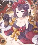  1girl bare_shoulders black_hair black_kimono blush breasts cleavage commentary_request fate/grand_order fate_(series) flower hair_flower hair_ornament hairpin highres japanese_clothes katsushika_hokusai_(fate/grand_order) kimono large_breasts looking_at_viewer obi octopus revision sash short_hair smile tokitarou_(fate/grand_order) yui_(seiga) 