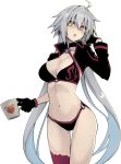  10mo 1girl bikini blush choker cup eyebrows_visible_through_hair fate/grand_order fate_(series) gloves highres holding holding_cup jacket jeanne_d&#039;arc_(alter_swimsuit_berserker) jeanne_d&#039;arc_(fate)_(all) long_hair navel o-ring o-ring_bikini open_mouth silver_hair simple_background single_thighhigh solo swimsuit thighhighs yellow_eyes 