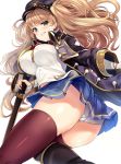  1girl blonde_hair blush breasts feathers granblue_fantasy hat highres hinata_sora large_breasts long_hair monika_weisswind panties peaked_cap pleated_skirt skirt solo sword thighhighs twintails underwear weapon yellow_eyes 