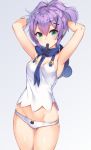  1girl armpits arms_up azur_lane bare_arms bare_shoulders blue_neckwear breasts commentary_request cowboy_shot green_eyes grey_background groin hair_ornament hair_tie_in_mouth javelin_(azur_lane) long_hair looking_at_viewer medium_breasts mouth_hold necktie no_pants noboru_(kamine204136) panties ponytail purple_hair shirt simple_background sleeveless sleeveless_shirt solo standing sweatdrop thighs underwear white_panties white_shirt 
