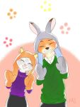  3:4 anthro blush canid canine cheek_tuft clothed clothing disney duo eyes_closed facial_tuft fake_ears fake_fox_ears fake_rabbit_ears fox fully_clothed fur grey_body grey_fur grin judy_hopps lagomorph leporid mammal moromorowephi nick_wilde open_mouth open_smile orange_body orange_fur rabbit red_fox smile sweater topwear tuft zootopia 