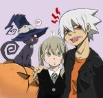  1boy black_cat blair blush brown_hair cat green_eyes hat long_hair looking_at_viewer maka_albarn multiple_girls open_mouth peperon_(801mominoki) school_uniform smile soul_eater tongue tongue_out twintails witch_hat 