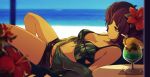  1girl bangs bare_shoulders bendy_straw bikini black_shorts blurry blurry_background blurry_foreground breasts commentary_request cup day depth_of_field diagonal_bangs drinking_glass drinking_straw eyebrows_visible_through_hair flower green_bikini green_jacket hair_flower hair_ornament horizon idolmaster idolmaster_shiny_colors jacket knees_up looking_away lying medium_breasts minyom ocean off_shoulder on_back open_clothes open_jacket outdoors purple_eyes purple_hair red_flower short_shorts shorts solo_focus swimsuit tanaka_mamimi tropical_drink water 