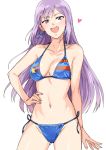  1girl bikini bikini_bottom bikini_top blue_bikini breasts earrings gundam gundam_zz hand_on_hip heart jewelry long_hair medium_breasts navel open_mouth purple_hair roux_louka smile string_bikini swimsuit tsurui 