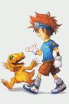  agumon brown_eyes brown_hair digimon digimon_adventure full_body gloves goggles goggles_on_head hankuri open_mouth shorts simple_background smile white_background yagami_taichi 