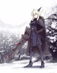  1girl armor artoria_pendragon_(all) artoria_pendragon_(lancer_alter) black_cape blonde_hair boa_(brianoa) braid braided_bun cape day dress fate/grand_order fate_(series) fur_trim gorget highres holding holding_sword holding_weapon horns lance legs_apart looking_at_viewer metal_boots outdoors pale_skin parted_lips polearm purple_dress sheath sheathed sidelocks snow solo standing sword tree weapon yellow_eyes 