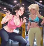  2girls armlet bangs bare_arms bare_shoulders battle black_gloves black_hair black_pants blush bottle breasts brown_eyes ceiling_light choseon cleavage collarbone commentary dark_skin english_commentary eyebrows_visible_through_hair fingerless_gloves gloves grey_pants gym hand_on_hip holding holding_bottle indoors leaning_forward long_hair medium_breasts mole mole_under_eye multiple_girls navel open_mouth original pants parted_bangs ponytail sleeveless sports_bra squatting standing stomach sweat tan tank_top tight tight_pants v-shaped_eyebrows water_battle weightlifting wet wristband yoga_pants 