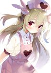  1girl blonde_hair blush bunny_hair_ornament closed_mouth collared_shirt dress eyebrows_visible_through_hair hair_between_eyes hair_ornament hat heart looking_at_viewer matsui_hiroaki natori_sana nurse_cap pink_dress red_eyes sana_channel shirt short_sleeves simple_background solo two_side_up white_background white_shirt wing_collar 