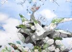  closed_eyes closed_mouth cloud commentary_request day flower from_side glameow highres kamonabe_(kamonabeekon) moss no_humans outdoors painting_(medium) pokemon pokemon_(creature) sky solo statue traditional_media watercolor_(medium) white_flower 