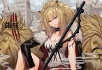  1girl animal animal_ears arknights bare_arms black_jacket blonde_hair breasts brown_eyes bruise cleavage collar collarbone expressionless fur_collar hirosenpaii injury jacket lion lion_ears long_hair looking_at_viewer medium_breasts open_clothes open_jacket polearm ponytail red_shorts shirt short_shorts shorts siege_(arknights) sitting sleeveless sleeveless_shirt solo weapon white_shirt 