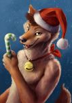  2019 anthro bell black_nose brown_body brown_fur canid canine canis cheek_tuft christmas clothing collar coyote facial_tuft fluffy fur hat head_tuft headgear headwear hi_res holidays kebi male mammal open_mouth open_smile santa_hat smile solo tuft whiskers 