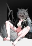  1girl animal_ears arknights bangs barefoot black_jacket black_nails breasts collarbone commentary_request eyebrows_visible_through_hair hair_between_eyes hair_ornament hairclip highres jacket lappland_(arknights) long_hair long_sleeves looking_at_viewer no_panties scar scar_across_eye silver_hair solo toes wolf_ears yamauchi_(conan-comy) 