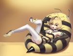  1girl antennae bare_shoulders bean_bag_chair bee_costume black_gloves blonde_hair boa_(brianoa) breasts cherry commentary detached_collar dress english_commentary eyebrows_visible_through_hair fang food fruit fur_collar fur_trim gloves halterneck hand_up highres holding holding_food holding_fruit leaning_back looking_at_viewer open_mouth original red_eyes short_dress short_hair small_breasts solo striped striped_dress thighhighs twitter_username white_legwear yellow_theme 