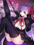  1girl ass bangs bb_(fate)_(all) bb_(fate/extra_ccc) black_legwear black_skirt blurry blurry_background breasts chain closed_mouth eyebrows_visible_through_hair fate/extra fate/extra_ccc fate_(series) flower gloves hair_ribbon half_updo hand_on_own_chin high-waist_skirt highres large_breasts leg_up legs_up long_hair long_sleeves looking_at_viewer panties pantyshot pantyshot_(sitting) pleated_skirt popped_collar purple_background purple_eyes purple_hair red_ribbon revision ribbon shirt sitting skirt smile solo straight_hair taishi_(picchiridou) thighhighs thighs underwear upskirt very_long_hair white_gloves white_panties white_shirt wide_sleeves 
