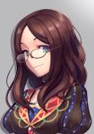  1girl :3 bangs blue_eyes boa_(brianoa) bright_pupils brown_hair closed_mouth drop_shadow fate/grand_order fate_(series) glasses grey_background highres leonardo_da_vinci_(fate/grand_order) looking_at_viewer medium_hair parted_bangs puffy_short_sleeves puffy_sleeves short_sleeves simple_background smile smug solo upper_body 