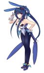  1girl animal_ears bangs bare_shoulders blue_hair boa_(brianoa) breasts bunny_ears bunnysuit character_request closed_mouth copyright_request fake_animal_ears full_body gloves hand_on_hip hand_up high_heels highres large_breasts leaning_forward legs_together leotard long_hair looking_at_viewer mechanical_ears pantyhose purple_eyes purple_footwear shoes solo standing transparent_background v white_gloves white_leotard wrist_cuffs 
