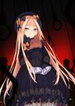  1girl abigail_williams_(fate/grand_order) black_headwear blonde_hair bloomers blue_eyes blurry bow closed_mouth commentary_request cowboy_shot depth_of_field dress expressionless eyebrows_visible_through_hair eyes_visible_through_hair fate/grand_order fate_(series) floating_hair from_below hair_bow hat highres holding holding_stuffed_animal light_particles long_hair long_sleeves looking_at_viewer maru_(maru1625) noose object_hug orange_bow polka_dot polka_dot_bow red_background revision short_dress sidelocks silhouette sleeves_past_fingers sleeves_past_wrists solo standing straight_hair stuffed_animal stuffed_toy teddy_bear underwear very_long_hair white_bloomers 