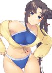  1girl bangs bare_shoulders bikini black_hair blue_bikini blue_eyes blush breasts closed_mouth collarbone fate/grand_order fate_(series) hair_bun jacket leaning_forward long_hair looking_at_viewer medium_breasts navel off_shoulder p!nta parted_bangs side_ponytail sidelocks simple_background solo swimsuit thick_eyebrows thighs ushiwakamaru_(fate/grand_order) ushiwakamaru_(swimsuit_assassin)_(fate) very_long_hair white_background yellow_jacket 